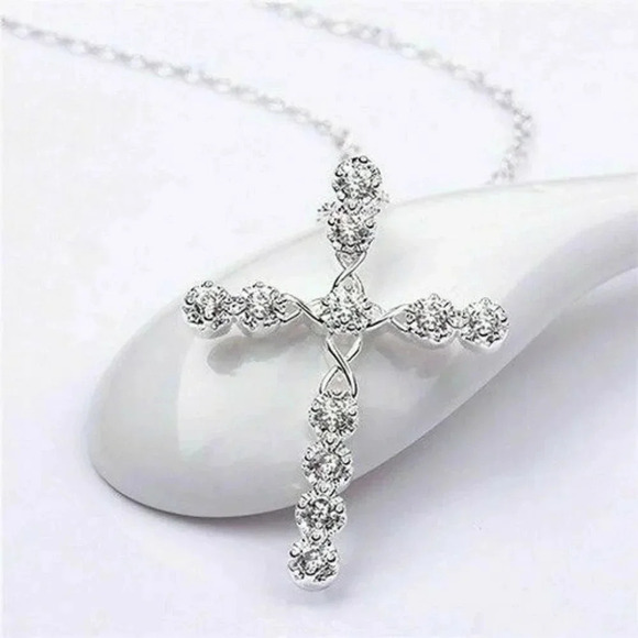 NEW S925 Sterling Silver Diamond Cross Necklace - Picture 3 of 9